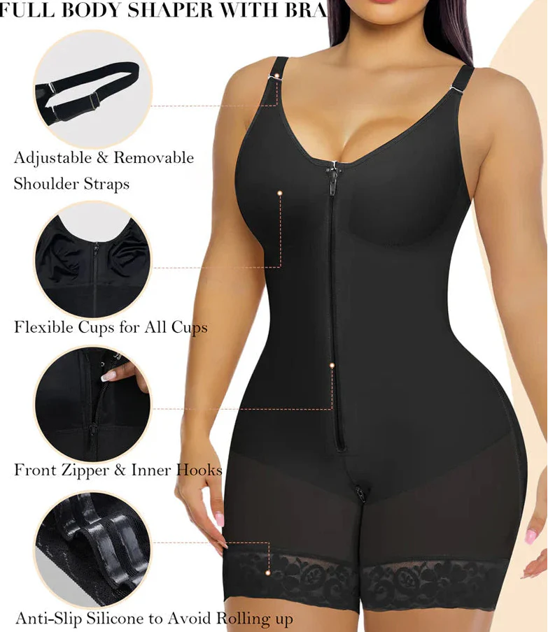 Waist shaper, butt-lifting shaper, tummy control, with crotch zipper and detachable shoulder straps.