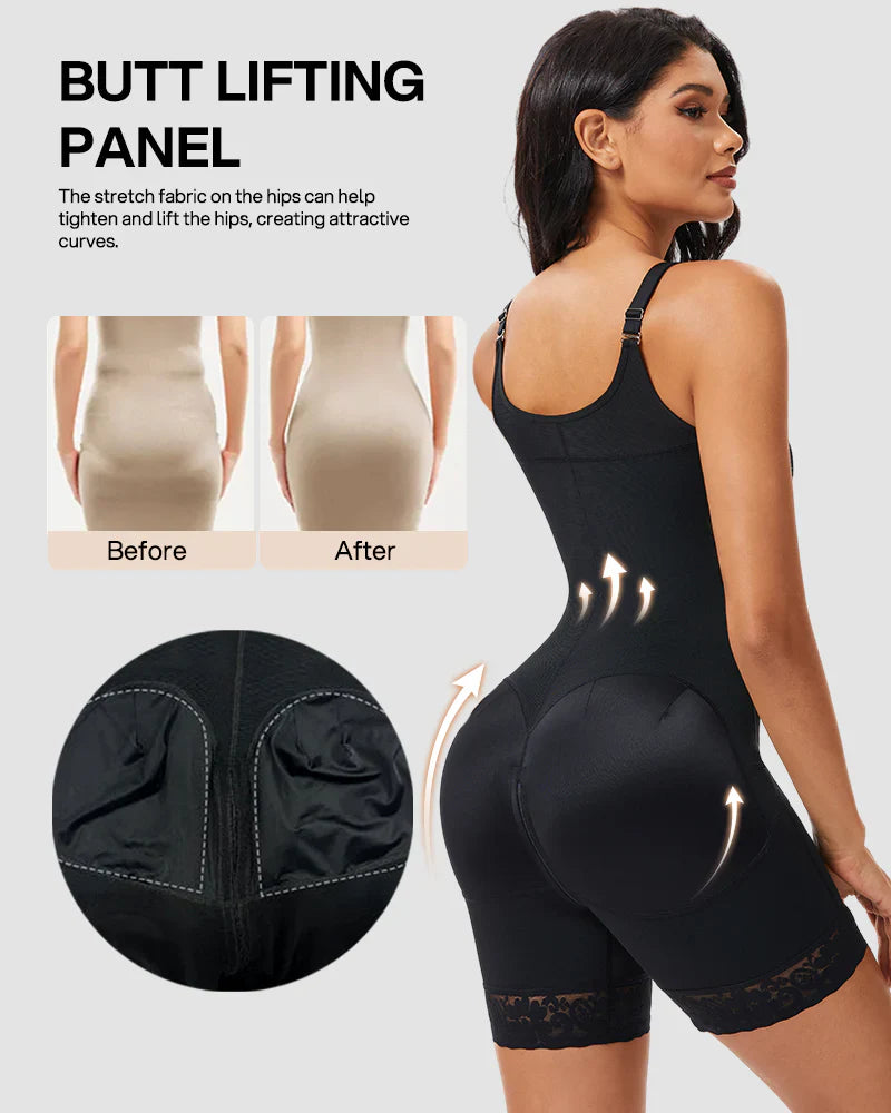 Waist shaper, butt-lifting shaper, tummy control, with crotch zipper and detachable shoulder straps.
