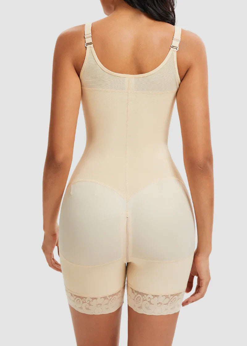 Waist shaper, butt-lifting shaper, tummy control, with crotch zipper and detachable shoulder straps.