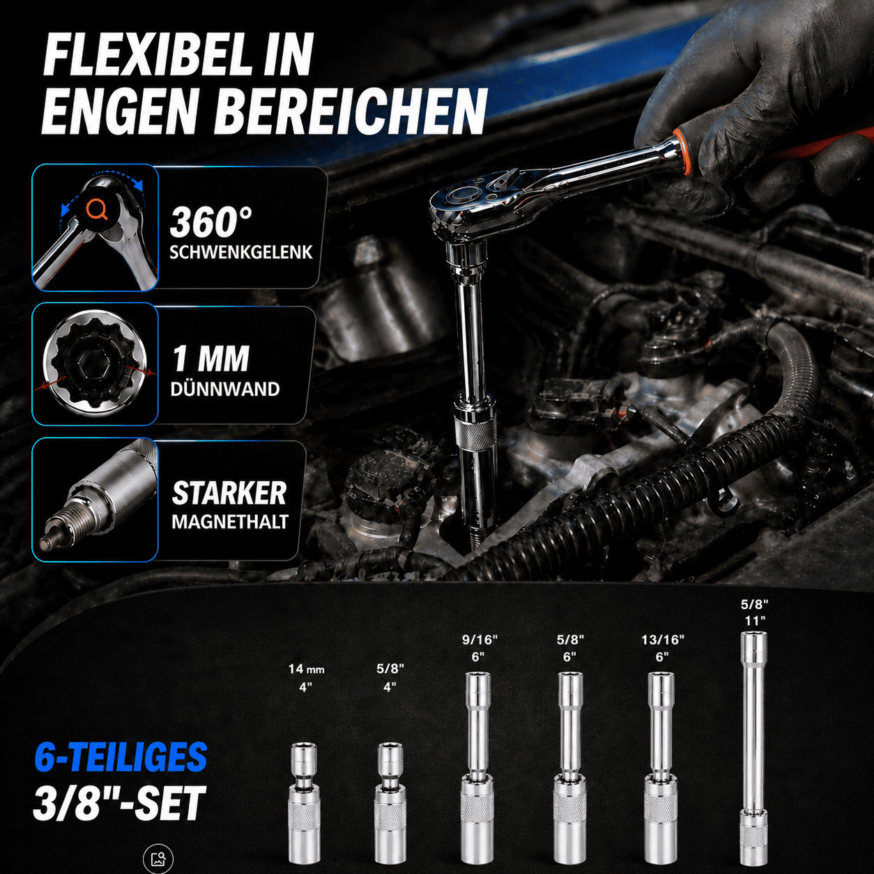 (50% Rabatt) – 6-tlg. Magnetisches 3/8”-Zündkerzen-Steckschlüssel-Set